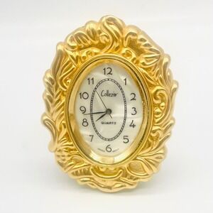 Collezio Miniature Desk Clock Gold Tone Ornate Oval Quartz 2.5" Untested